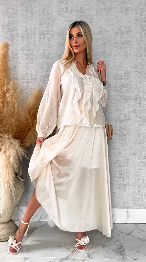 Wiosenny komplet MGIEŁKA bluzka + spódnica ONE SIZE ecru - R560