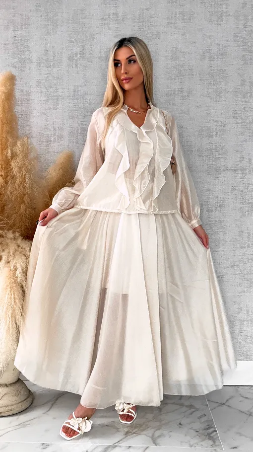 Wiosenny komplet MGIEŁKA bluzka + spódnica ONE SIZE ecru - R560