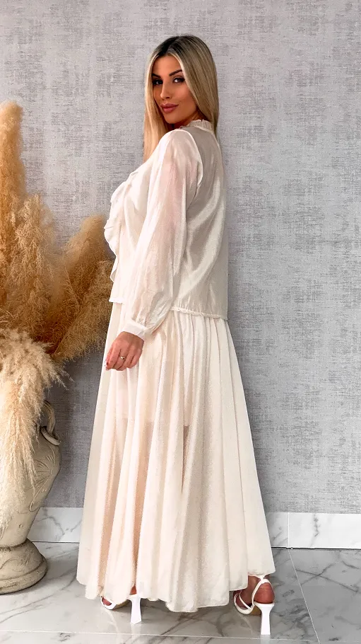 Wiosenny komplet MGIEŁKA bluzka + spódnica ONE SIZE ecru - R560