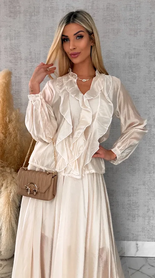 Wiosenny komplet MGIEŁKA bluzka + spódnica ONE SIZE ecru - R560