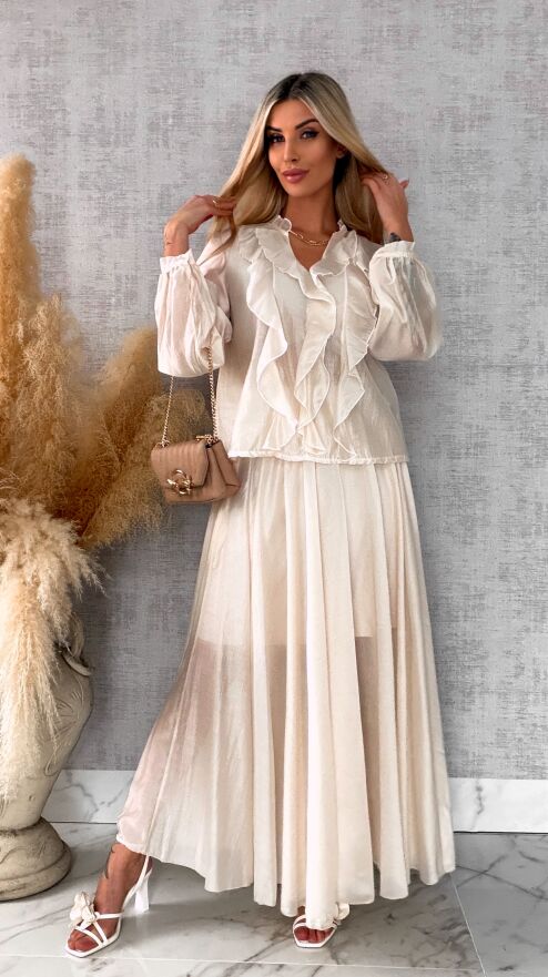 Wiosenny komplet MGIEŁKA bluzka + spódnica ONE SIZE ecru - R560