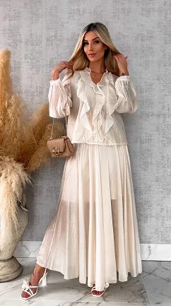 Wiosenny komplet MGIEŁKA bluzka + spódnica ONE SIZE ecru - R560