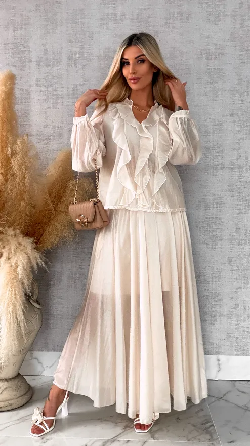 Wiosenny komplet MGIEŁKA bluzka + spódnica ONE SIZE ecru - R560