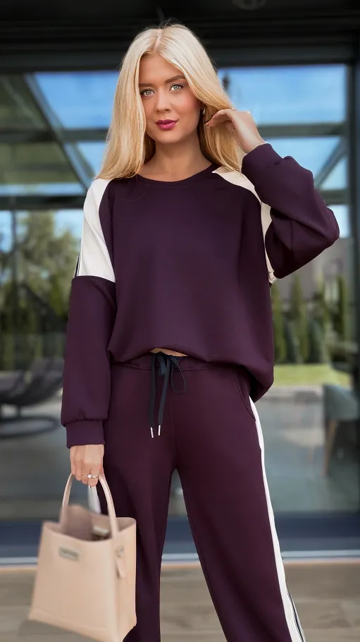 Śliwkowy komplet dresowy z paskami ONE SIZE - R139