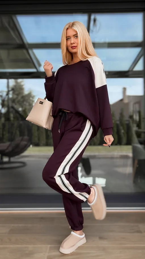 Śliwkowy komplet dresowy z paskami ONE SIZE - R139