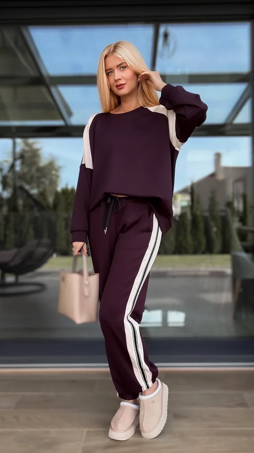Śliwkowy komplet dresowy z paskami ONE SIZE - R139