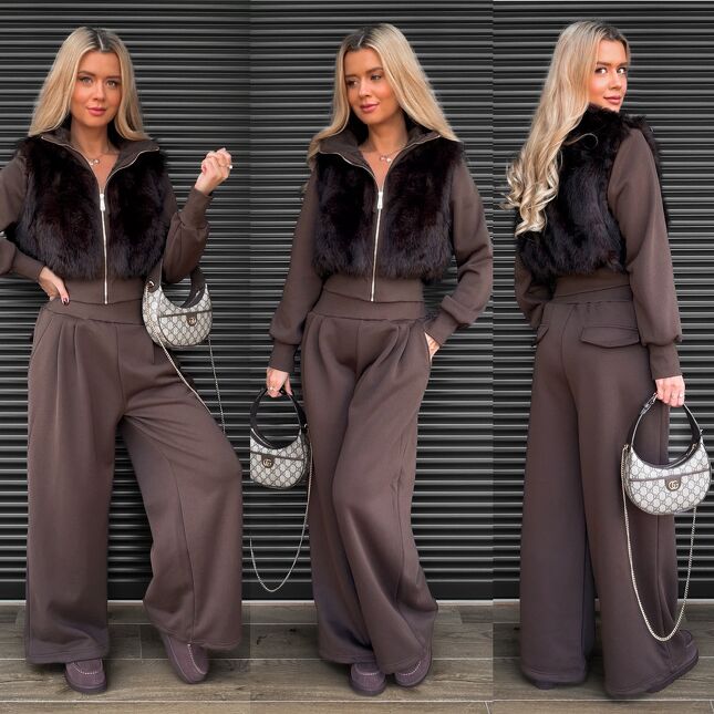 Oryginalny czekoladowy DRES bluza z futerkiem + luźne spodnie - S533