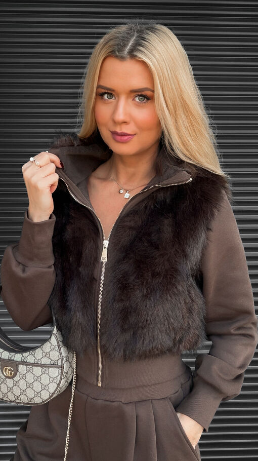 Oryginalny czekoladowy DRES bluza z futerkiem + luźne spodnie - S533