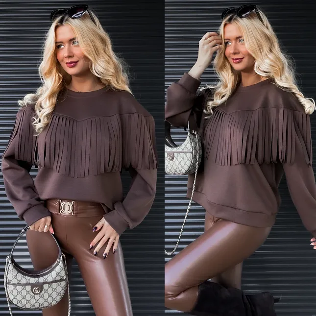 Masełkowa bluza w czekoladowym kolorze z frędzlami ONE SIZE - R287