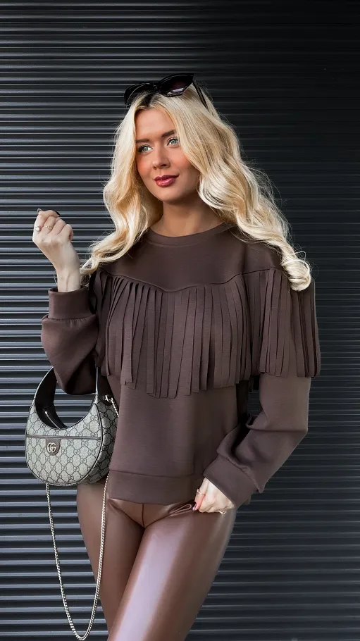 Masełkowa bluza w czekoladowym kolorze z frędzlami ONE SIZE - R287