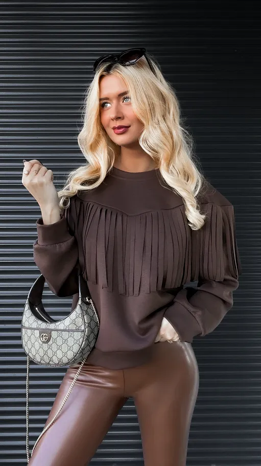 Masełkowa bluza w czekoladowym kolorze z frędzlami ONE SIZE - R287