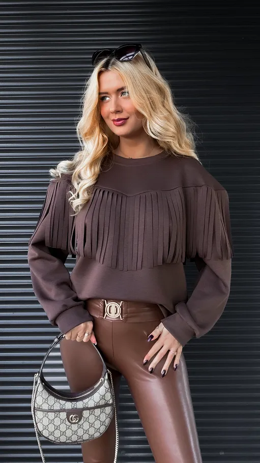 Masełkowa bluza w czekoladowym kolorze z frędzlami ONE SIZE - R287