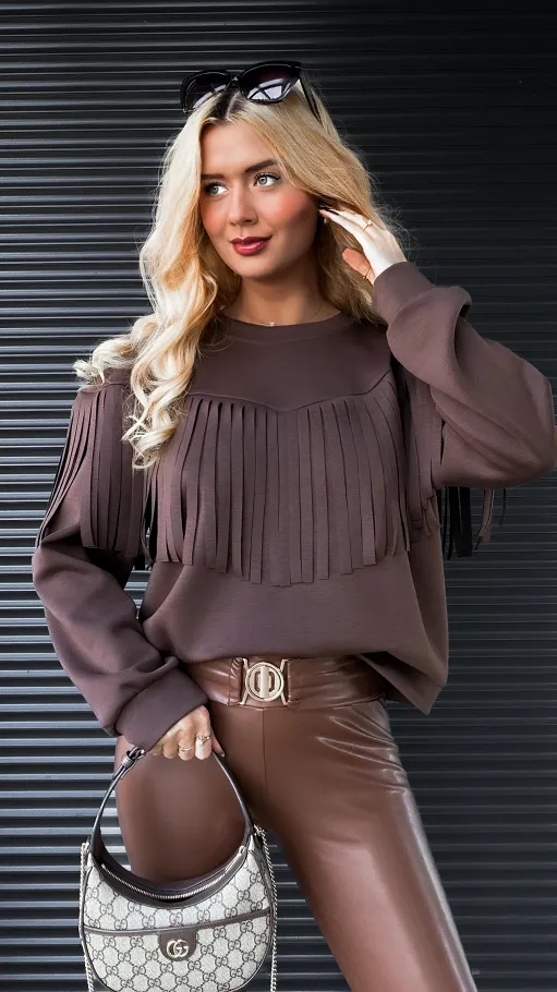 Masełkowa bluza w czekoladowym kolorze z frędzlami ONE SIZE - R287