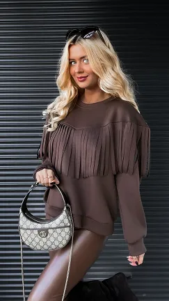 Masełkowa bluza w czekoladowym kolorze z frędzlami ONE SIZE - R287