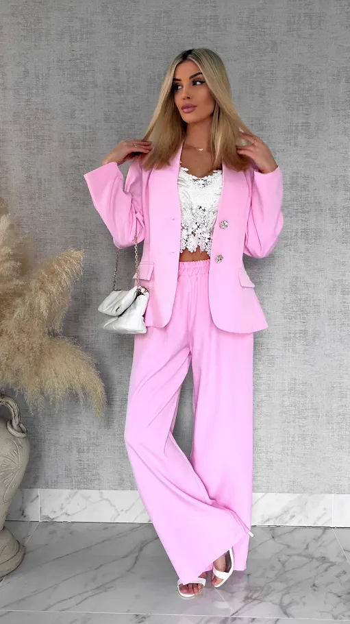 Różowy komplet na wiosnę marynarka + spodnie ONE SIZE - R960