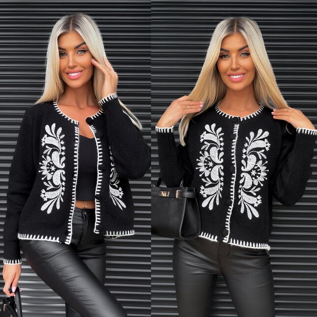 Czarny sweter na guzikami z białymi haftowaniami ONE SIZE - S382