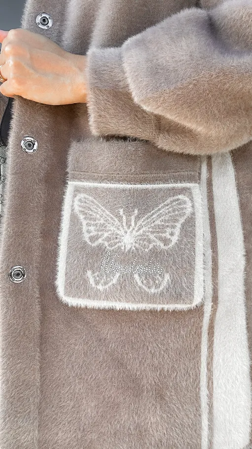 Ekskluzywny dwustronny płaszcz ALPAKA z kamizelką ONE SIZE fango/beż - R045B