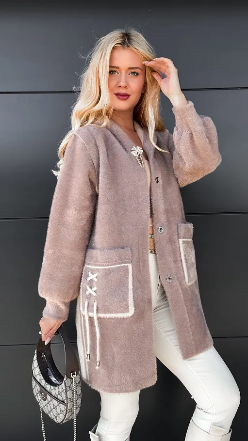Ekskluzywny dwustronny płaszcz ALPAKA z kamizelką ONE SIZE fango/beż - R045B