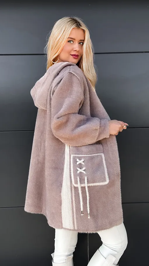 Ekskluzywny dwustronny płaszcz ALPAKA z kamizelką ONE SIZE fango/beż - R045B