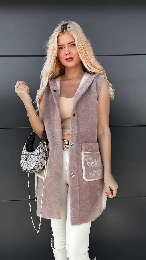 Ekskluzywny dwustronny płaszcz ALPAKA z kamizelką ONE SIZE fango/beż - R045B