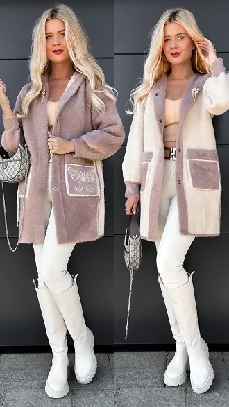 Ekskluzywny dwustronny płaszcz ALPAKA z kamizelką ONE SIZE fango/beż - R045B