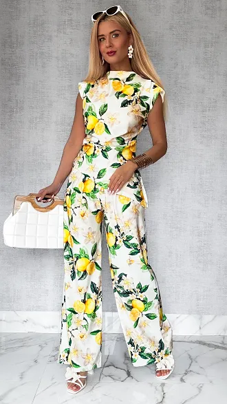 Komplet biały w cytryny z asymetryczną bluzką i spodniami ONE SIZE - P721B