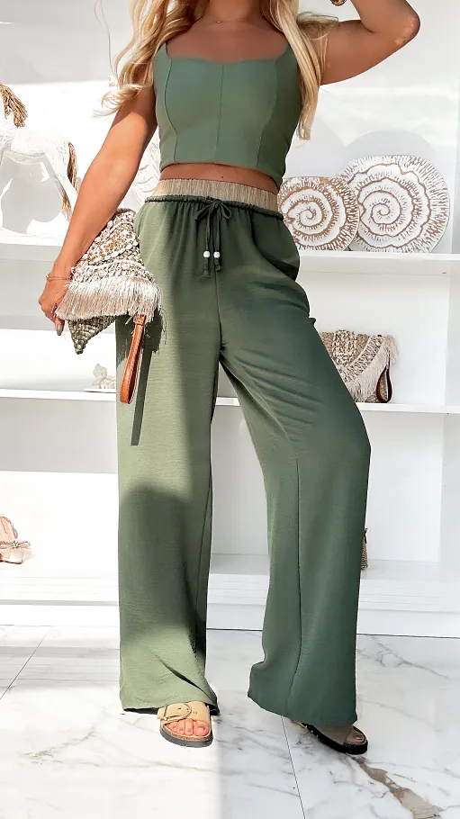 Letnie spodnie z beżowym elastycznym pasem KHAKI - P865A