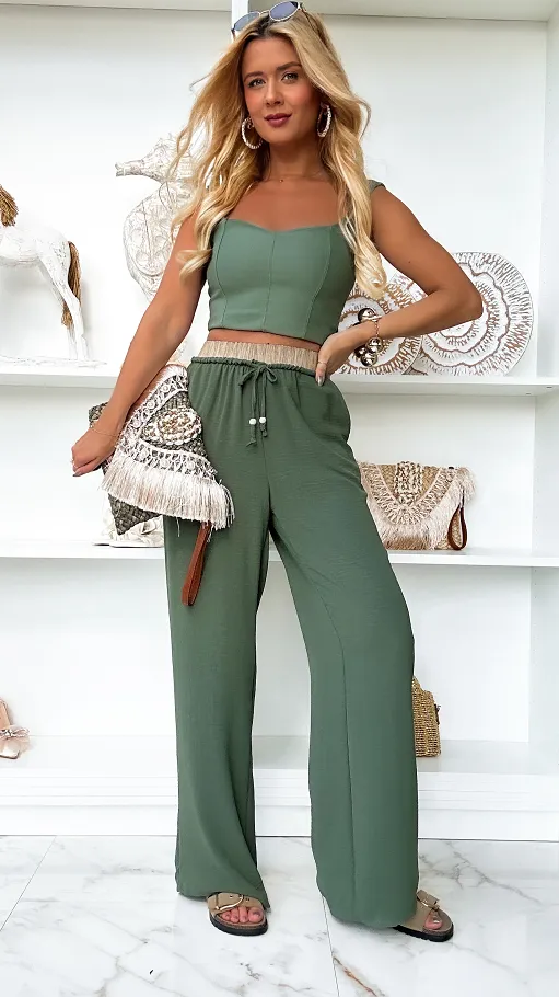 Letnie spodnie z beżowym elastycznym pasem KHAKI - P865A