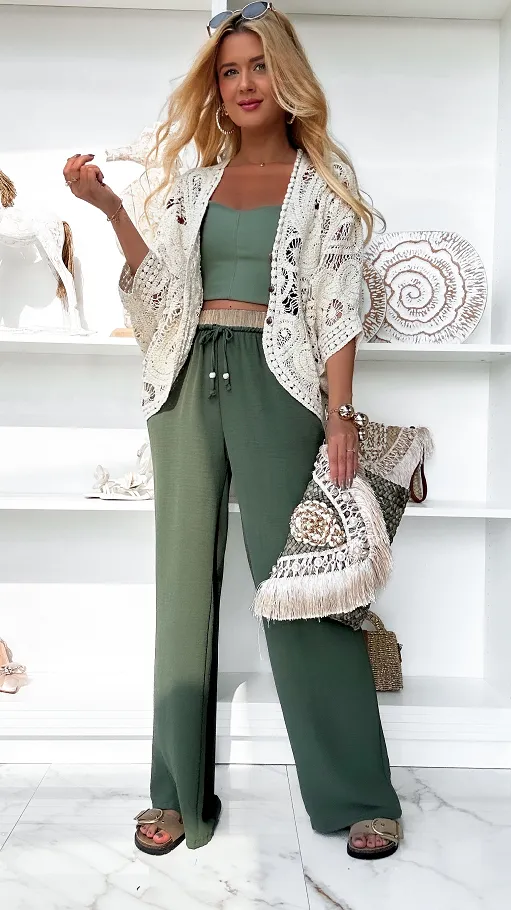 Letnie spodnie z beżowym elastycznym pasem KHAKI - P865A