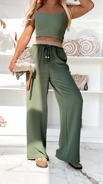 Letnie spodnie z beżowym elastycznym pasem KHAKI - P865A