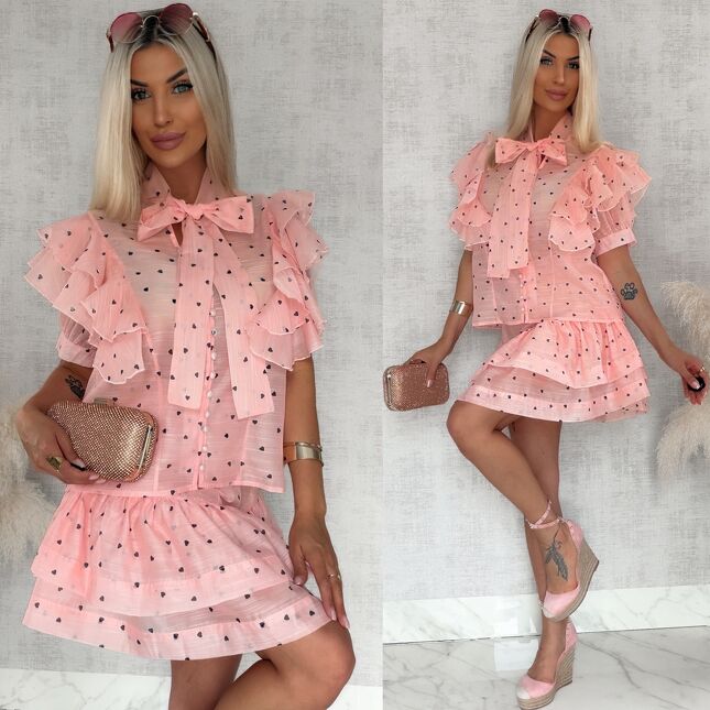 Idealny letni komplet w mini serduszka bluzka koszulowa + spódnica PINK - S083
