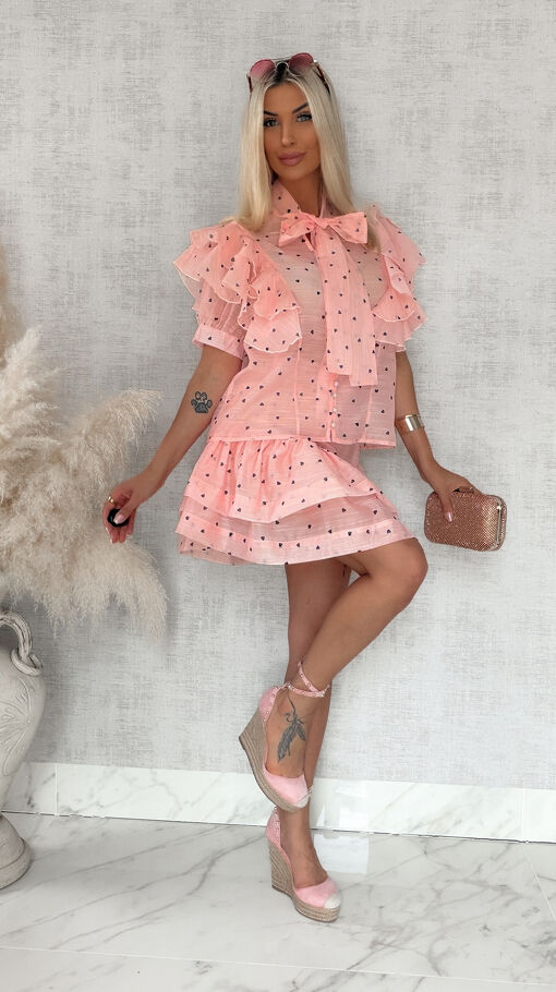 Idealny letni komplet w mini serduszka bluzka koszulowa + spódnica PINK - S083