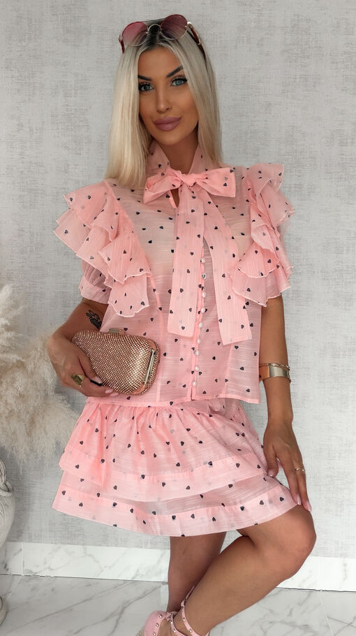 Idealny letni komplet w mini serduszka bluzka koszulowa + spódnica PINK - S083