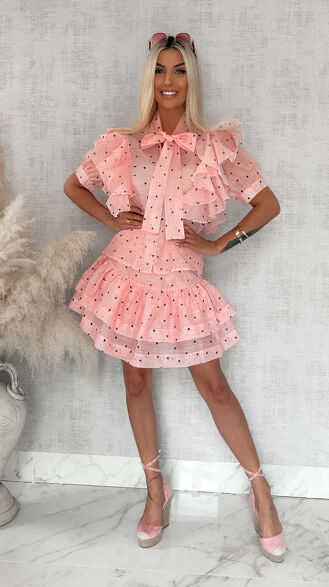 Idealny letni komplet w mini serduszka bluzka koszulowa + spódnica PINK - S083