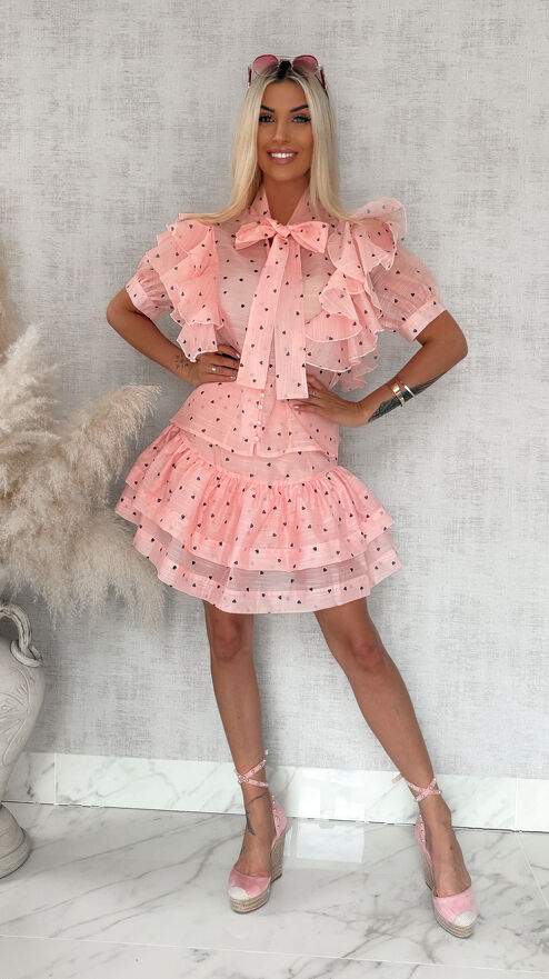 Idealny letni komplet w mini serduszka bluzka koszulowa + spódnica PINK - S083