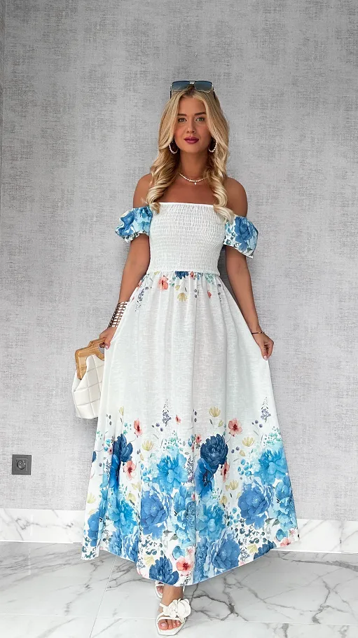 MAXI lniana sukienka hiszpanka w niebieskie kwiaty ONE SIZE - P743