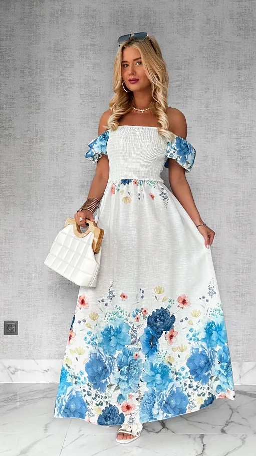 MAXI lniana sukienka hiszpanka w niebieskie kwiaty ONE SIZE - P743