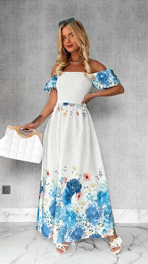 MAXI lniana sukienka hiszpanka w niebieskie kwiaty ONE SIZE - P743
