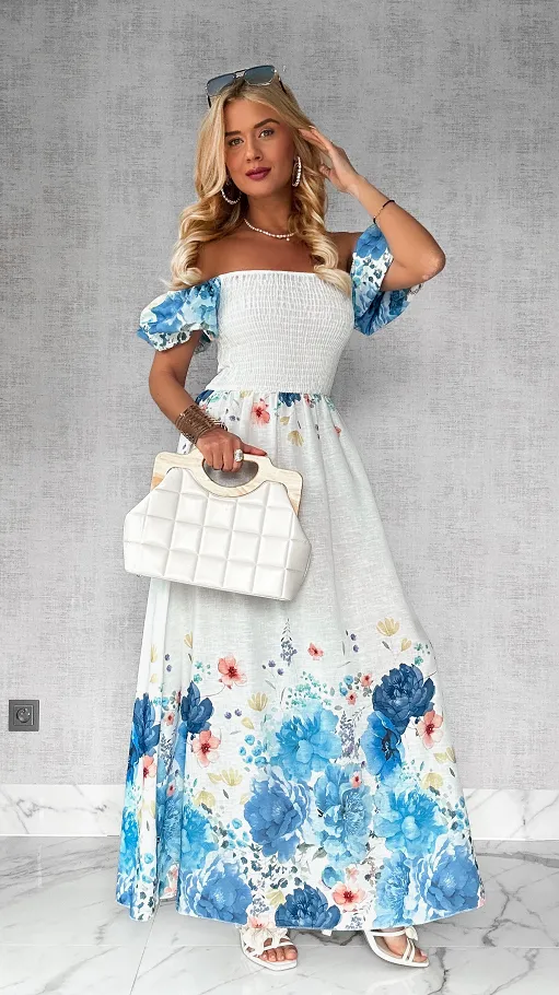 MAXI lniana sukienka hiszpanka w niebieskie kwiaty ONE SIZE - P743