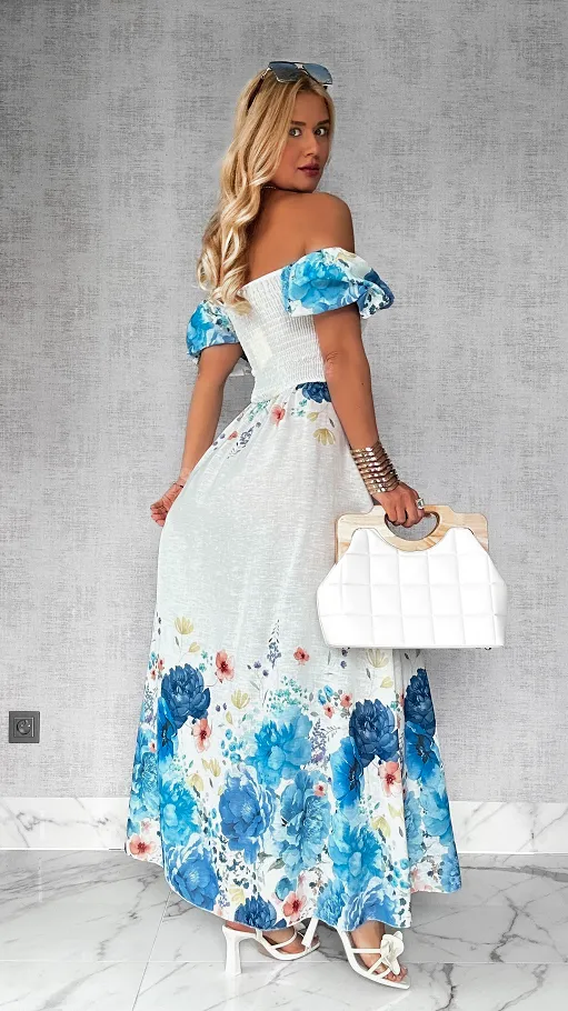 MAXI lniana sukienka hiszpanka w niebieskie kwiaty ONE SIZE - P743
