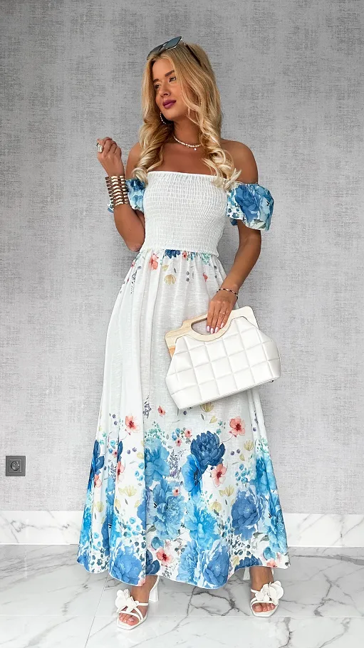 MAXI lniana sukienka hiszpanka w niebieskie kwiaty ONE SIZE - P743