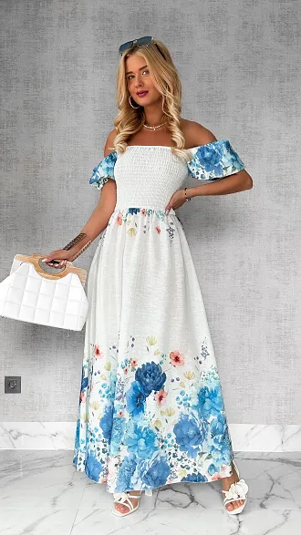 MAXI lniana sukienka hiszpanka w niebieskie kwiaty ONE SIZE - P743