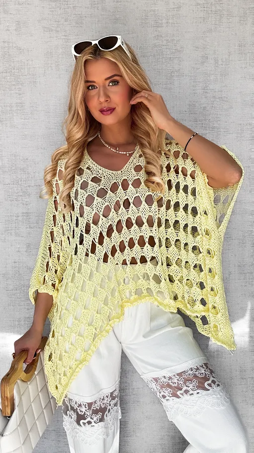 Ażurowa żółta bluzka OVERSIZE w stylu nietoperza ONE SIZE - P652A