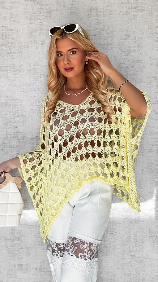 Ażurowa żółta bluzka OVERSIZE w stylu nietoperza ONE SIZE - P652A