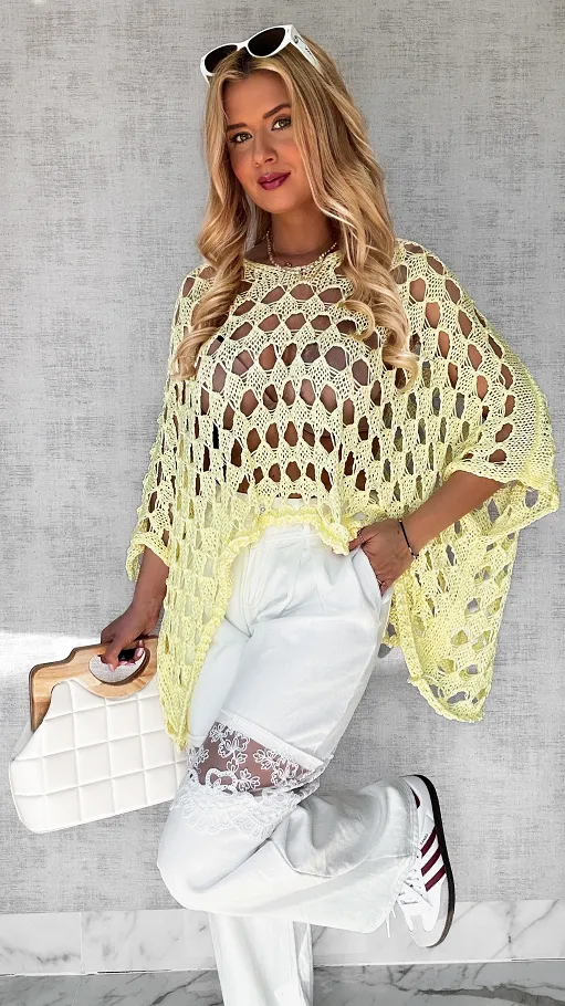 Ażurowa żółta bluzka OVERSIZE w stylu nietoperza ONE SIZE - P652A