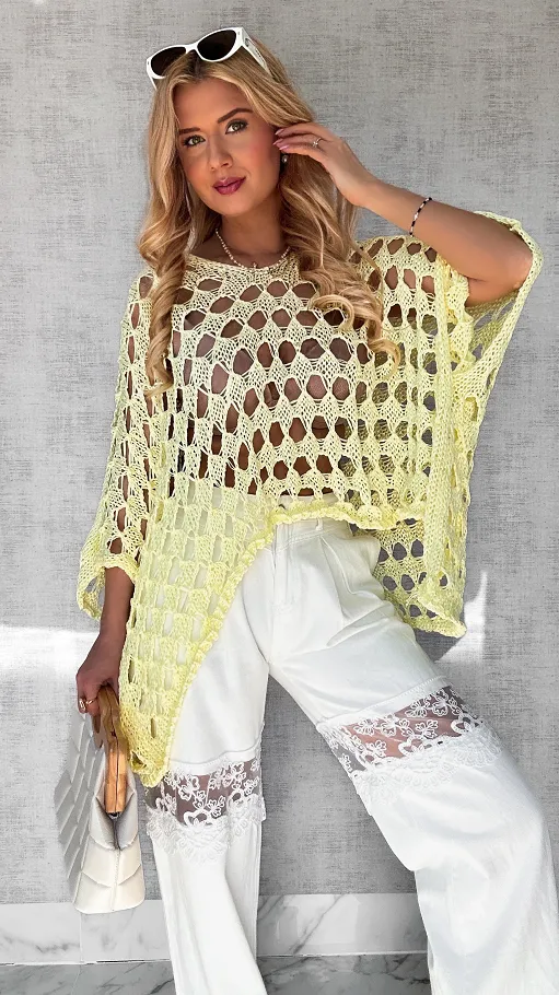 Ażurowa żółta bluzka OVERSIZE w stylu nietoperza ONE SIZE - P652A