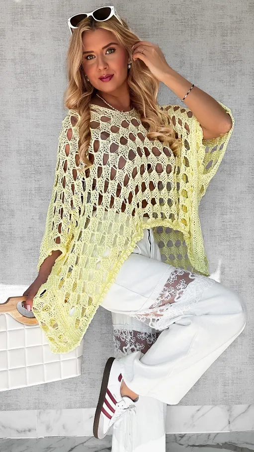 Ażurowa żółta bluzka OVERSIZE w stylu nietoperza ONE SIZE - P652A