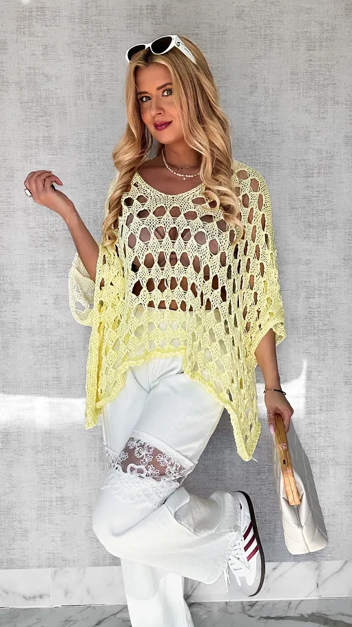 Ażurowa żółta bluzka OVERSIZE w stylu nietoperza ONE SIZE - P652A