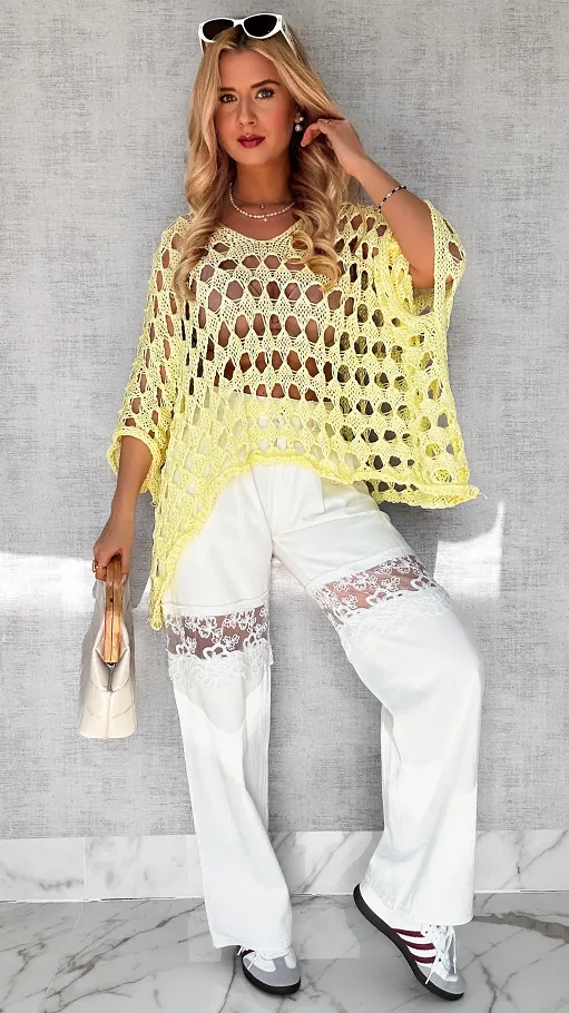 Ażurowa żółta bluzka OVERSIZE w stylu nietoperza ONE SIZE - P652A