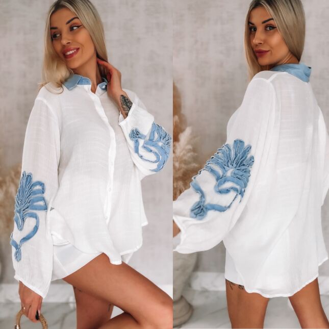 Oryginalna biała bluzka koszulowa z jeansowymi dodatkami ONE SIZE - R843